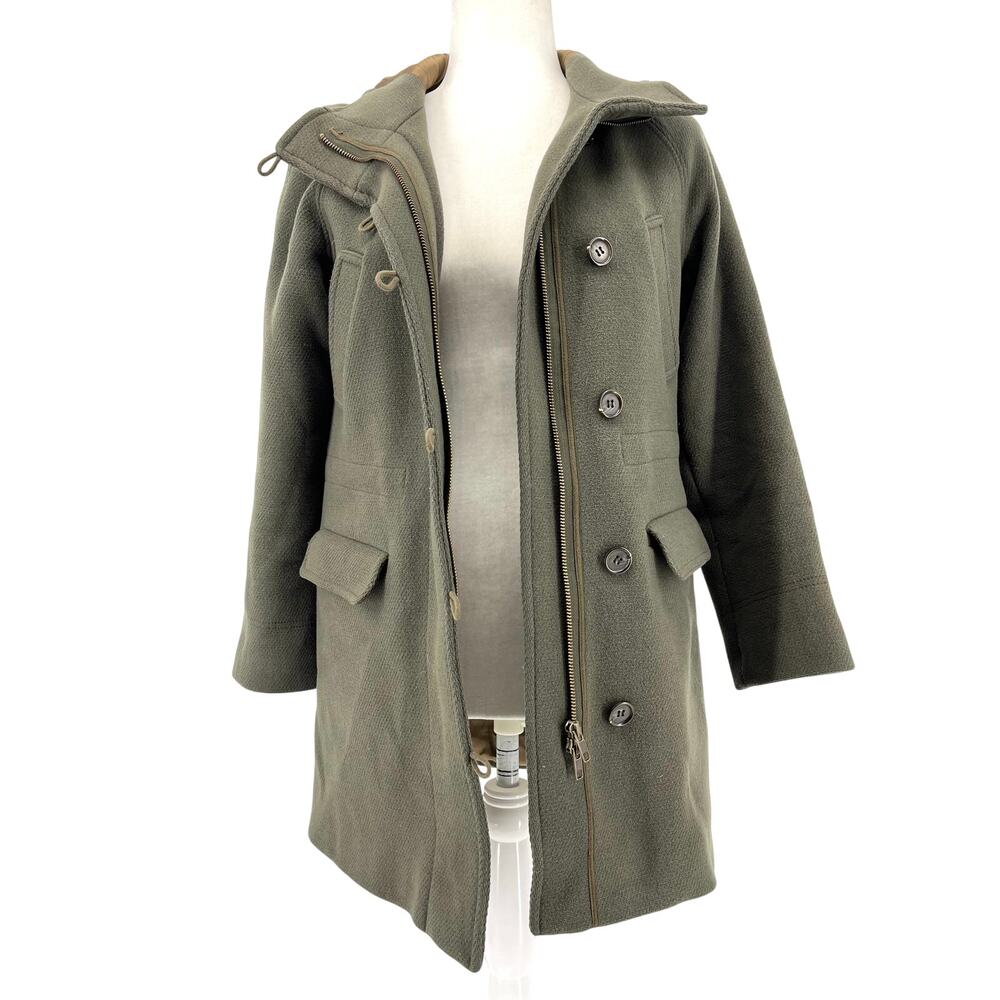J. Crew Women’s 4P Stadium Cloth Nello Gori Green Wool Duffle Pea Coat‎ Hooded - Picture 3 of 10